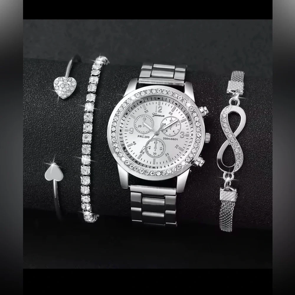 Rhinestone Silver Women’s Watch Bracelet Set Stainless Steel Quartz Jewelry Set - Picture 2 of 4